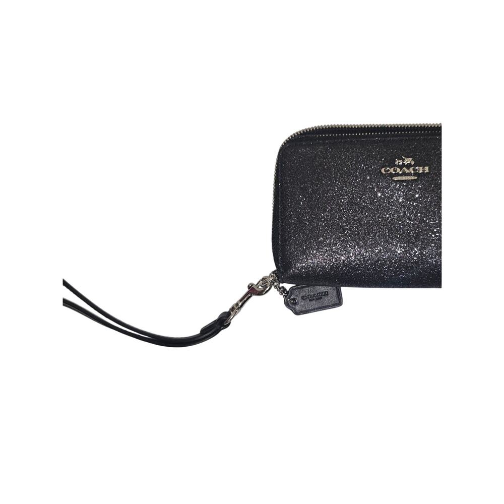 Coach Black Glitter Zip Wristlet Wallet with Gold Logo